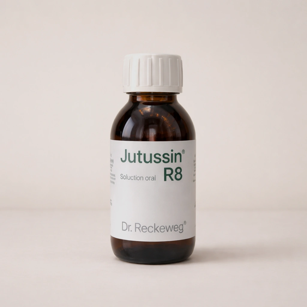 Jutussin® R8 solución oral - jarabe para la tos en botella de vidrio ámbar, fotografía de producto sobre fondo neutro.